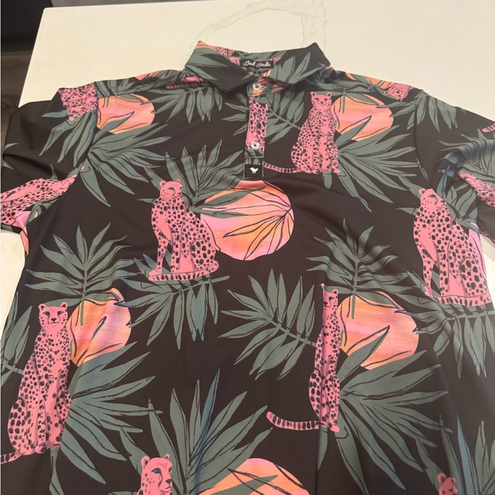 Bad Birdie Tropical Pink and Green Polo